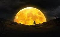 Surrealistische Fahrradtour unter einem goldenen Mond in einer Wüsten-Dreamscape