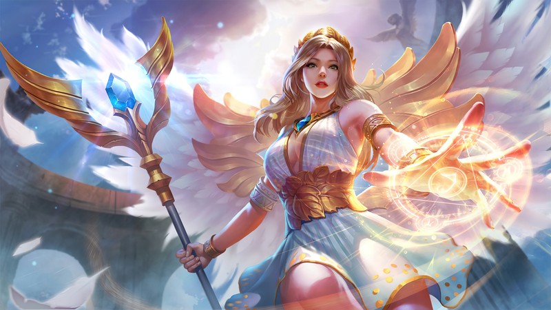 Женщина с мечом и крыльями в фэнтезийном окружении (рафаэла, rafaela, mobile legends, bang bang, ml)