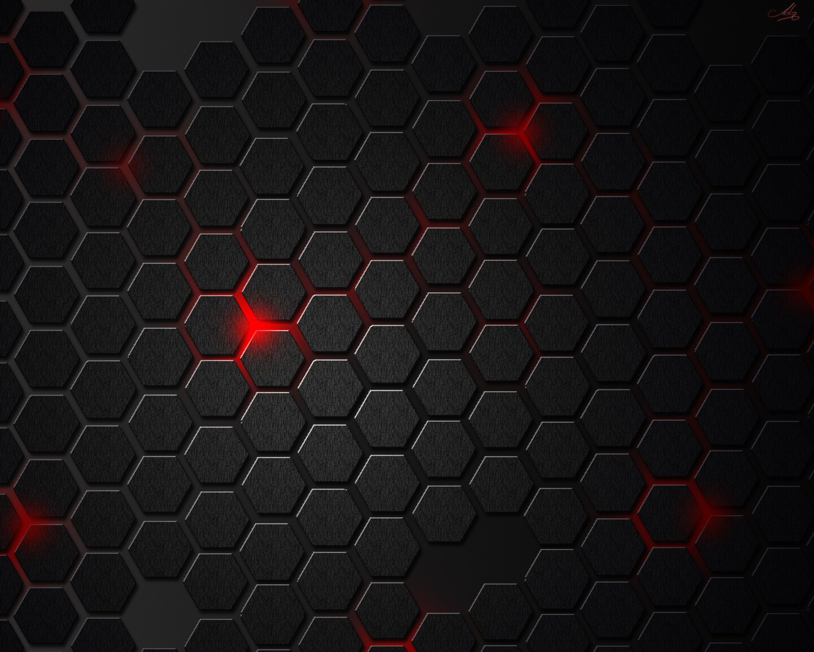 A black and red wallpaper with hexagonals and red lights (black, hexagon, red)