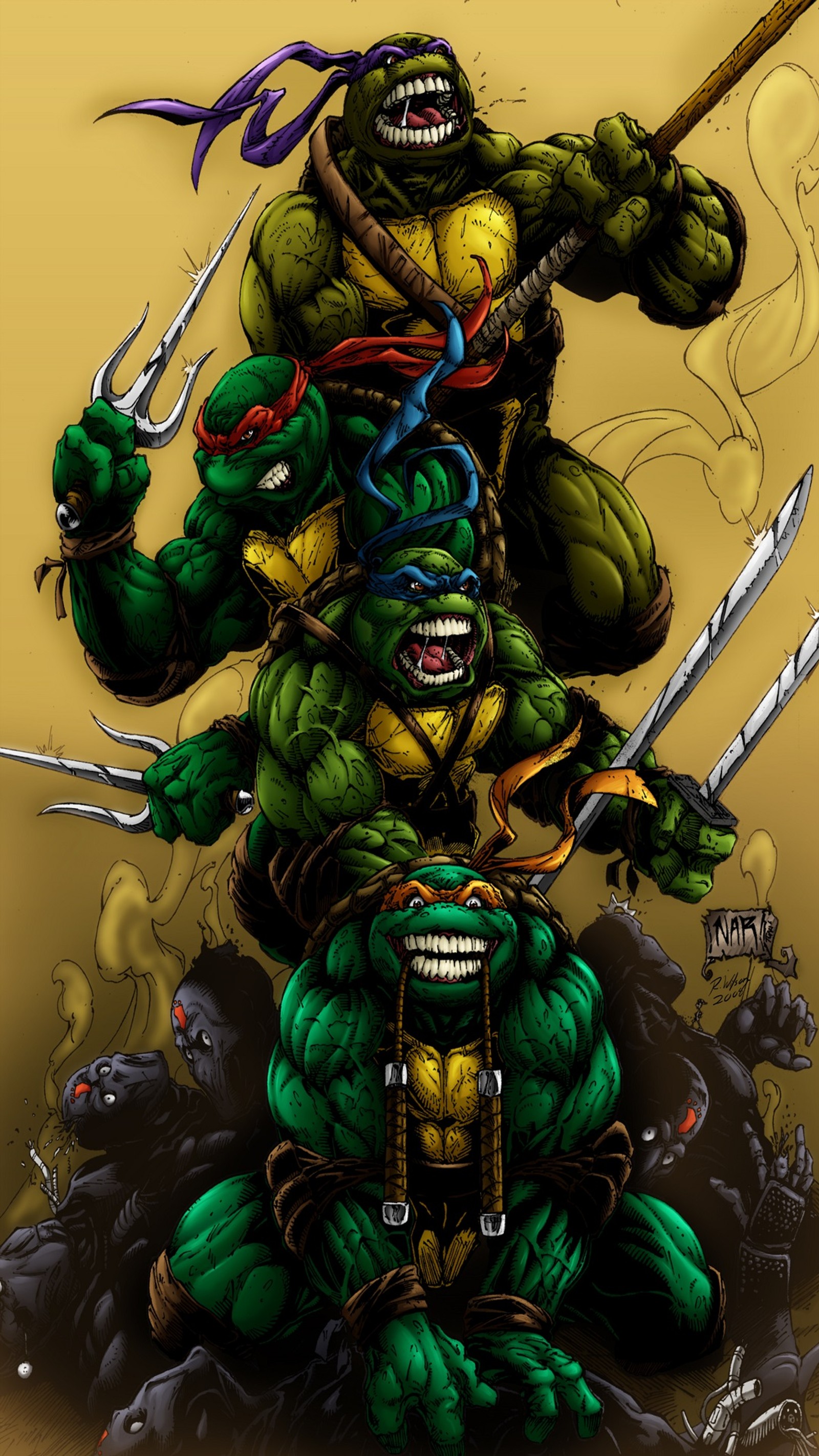 A close up of a cartoon of a group of ninja turtles (don, foot, leo, mike, mutant)