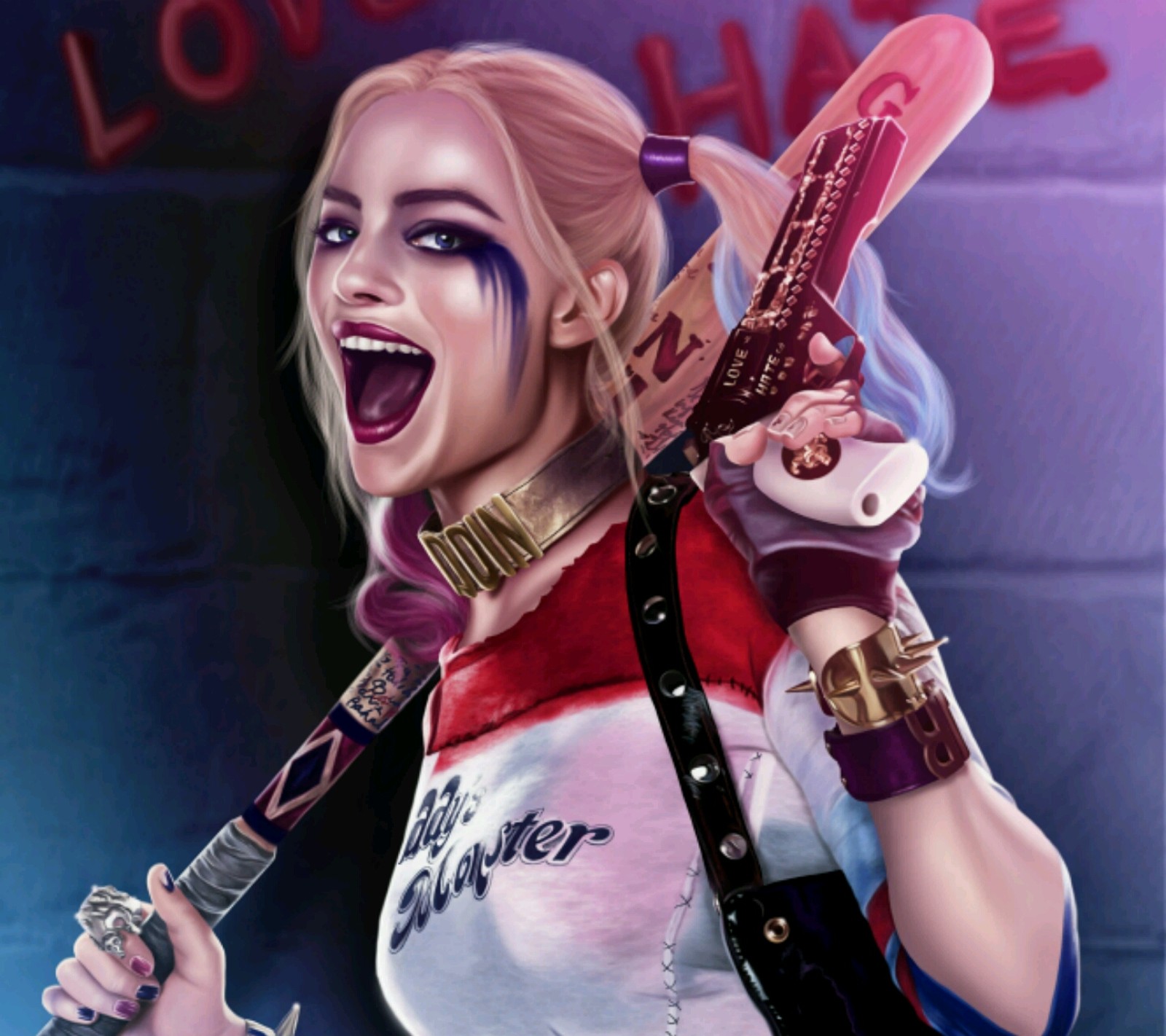 Harley quinn tient une batte et un couteau dans sa main (cartoon, bandes dessinées, dessiné, hollywood, marvel)