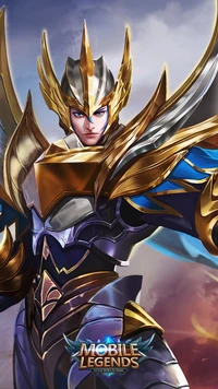 Guerreiro épico em armadura dourada, pronto para a batalha em Mobile Legends.