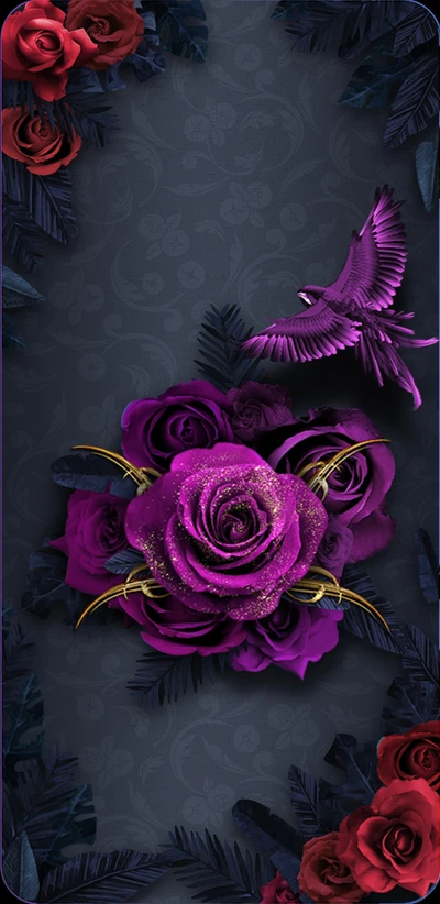 Enchanting Purple Roses and a Golden Bird in a Fantasy Landscape