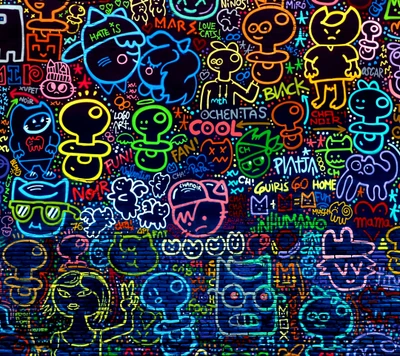 Colorful urban graffiti featuring a variety of cartoonish characters and expressive phrases, creating a vibrant street art collage.