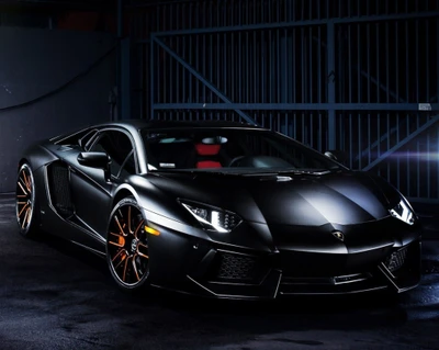 Elegante Lamborghini Aventador negro en un garaje poco iluminado