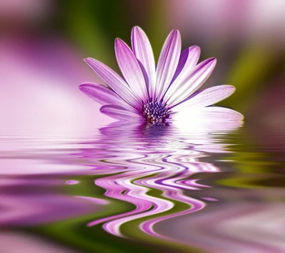 Fleur violette réfléchie dans des ondulations d'eau tranquilles