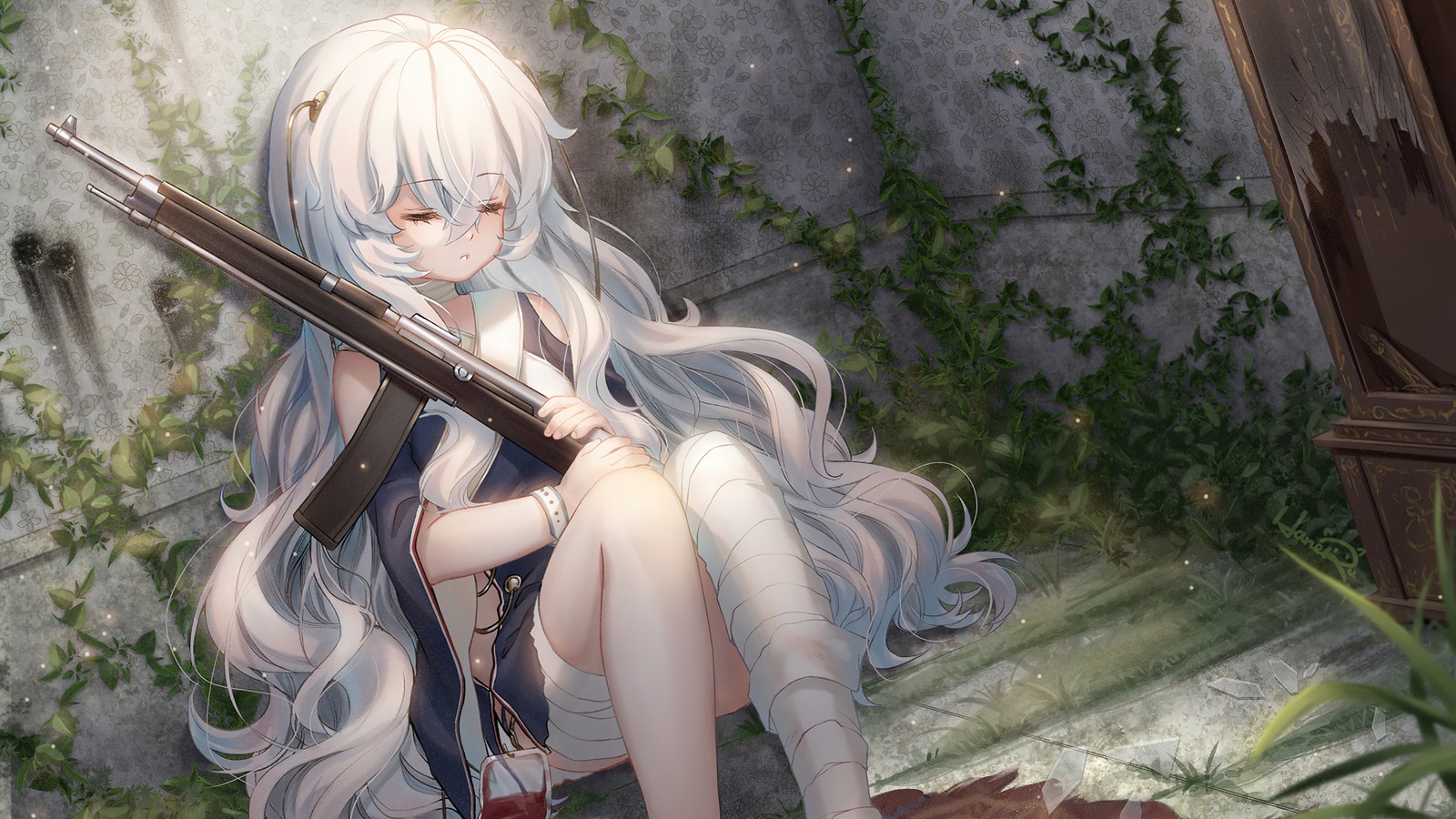 Fille anime avec de longs cheveux blancs tenant un fusil assise sur un mur en pierre (anime, girls frontline, jeu vidéo, ribeyrolles)