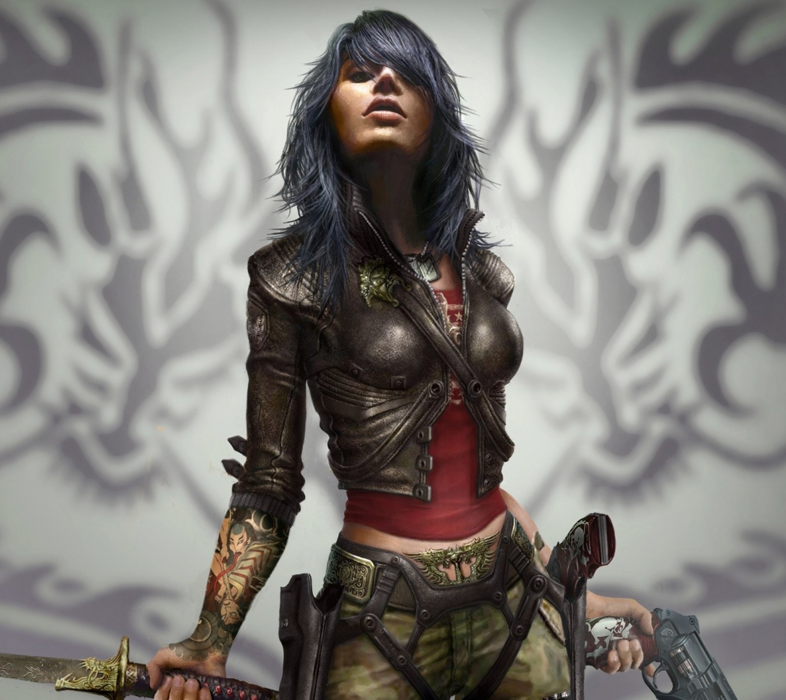 Arafed woman with a gun and a gun in her hand (assasin, games, girl, pirate, pistol)