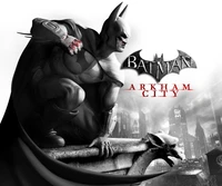 Batman perched on a gothic gargoyle, overlooking the dark and sprawling streets of Arkham City.