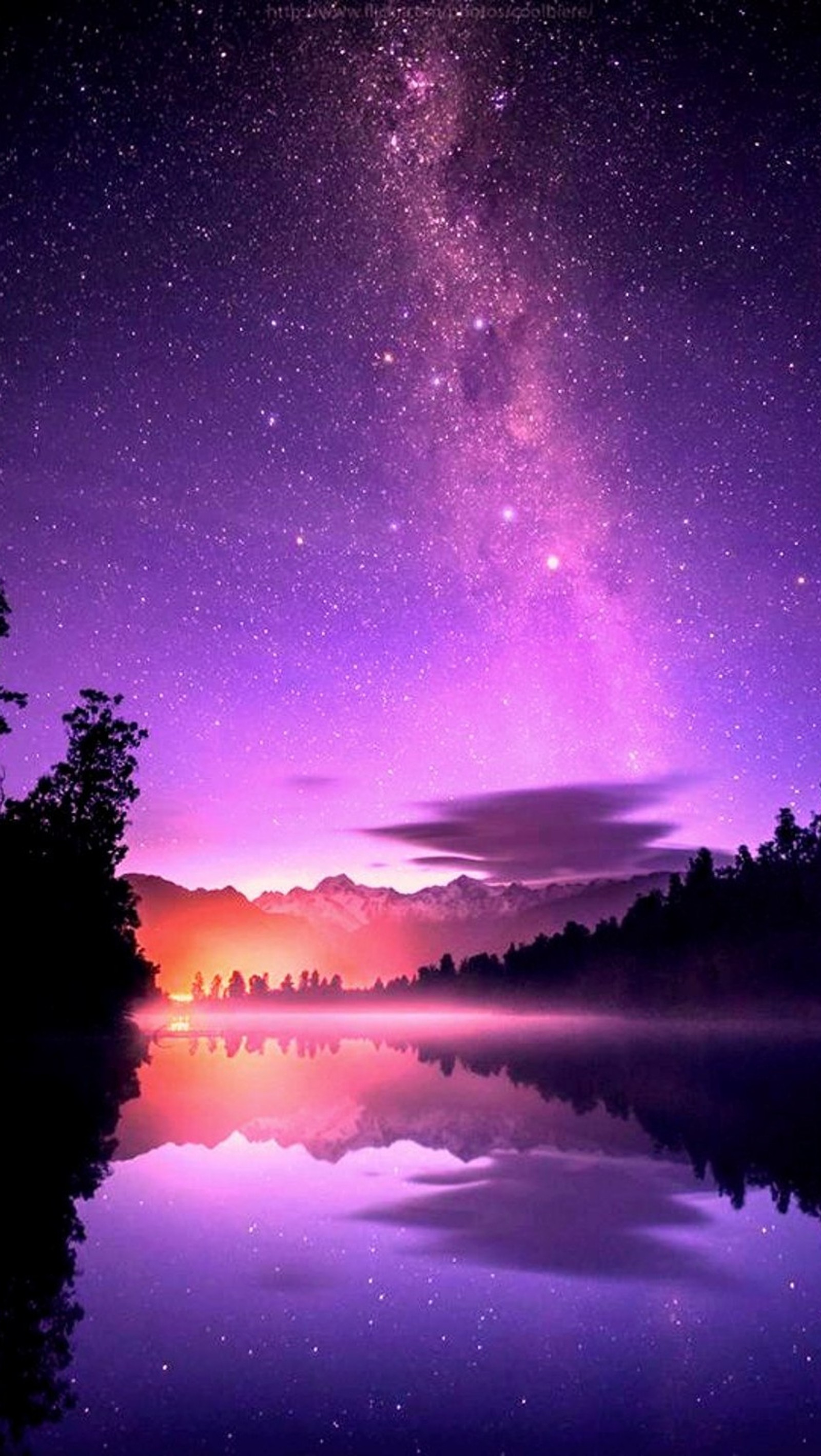 Purple and purple sky with stars reflected in water (lake, milk way, sky, stars)