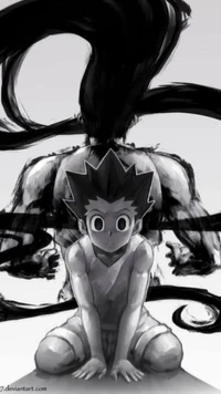 Gon de Hunter x Hunter, rodeado de sombras oscuras y giratorias