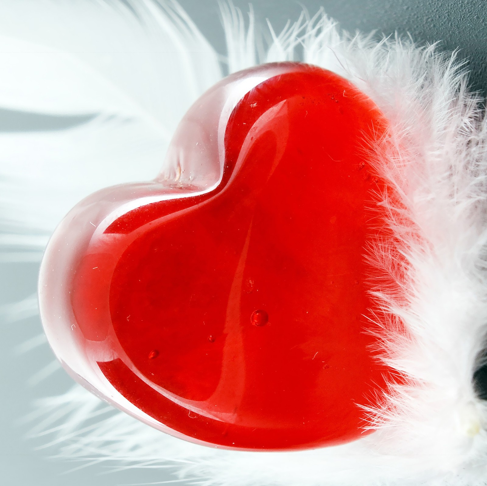 Hay una paleta en forma de corazón roja sobre una pluma blanca (and feather, corazón)