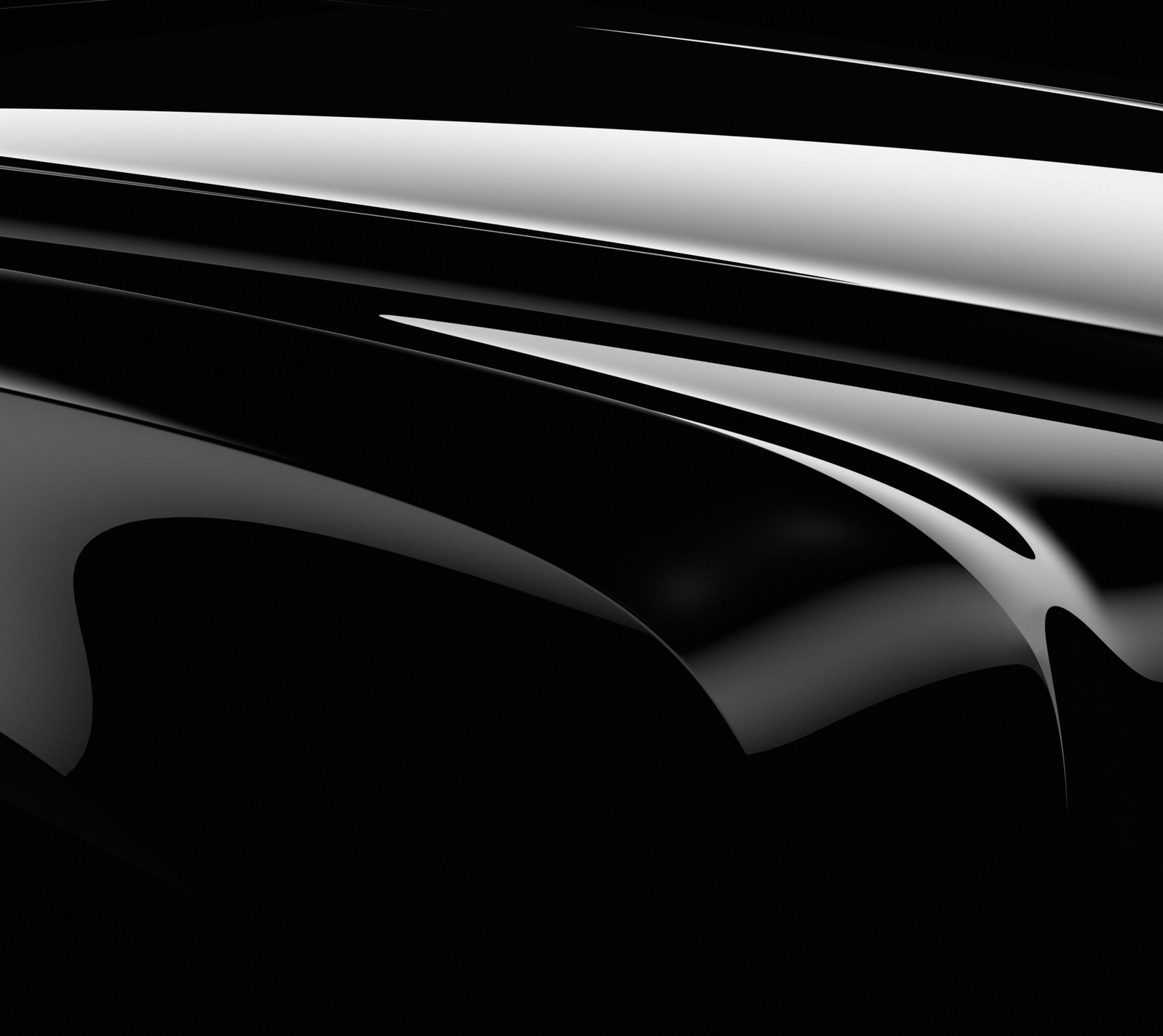 A close up of a black and white photo of a car (black, light, line, shine, silk)