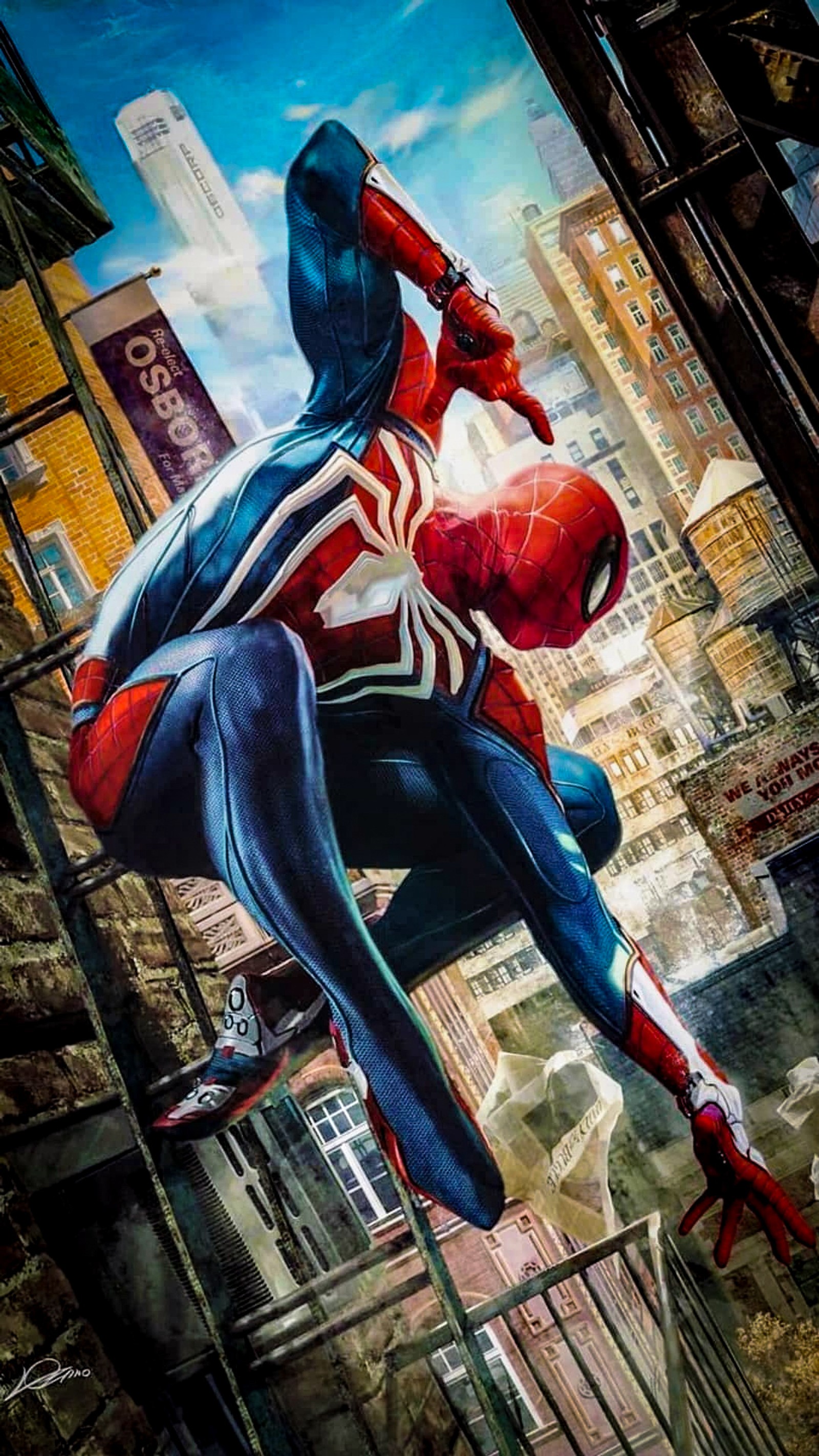 Spider-man dans une scène de ville avec un paysage urbain en arrière-plan (avengers, retour à la maison, avengers infinity war, infinity war, iron spider)