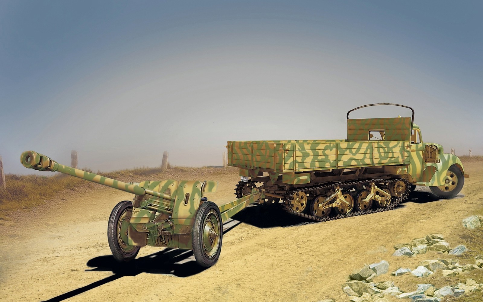 Arafed vehicle with a tank on a dirt road (sand, cannon, self propelled artillery, world war, tank)