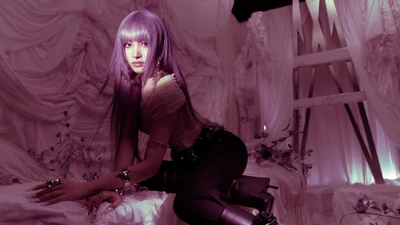 Kim Ji Won (Liz) of IVE in a dreamy, ethereal setting with vibrant purple hair.