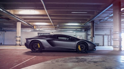 Lamborghini Aventador in an industrial parking garage, showcasing its sleek design and distinctive yellow brake calipers.