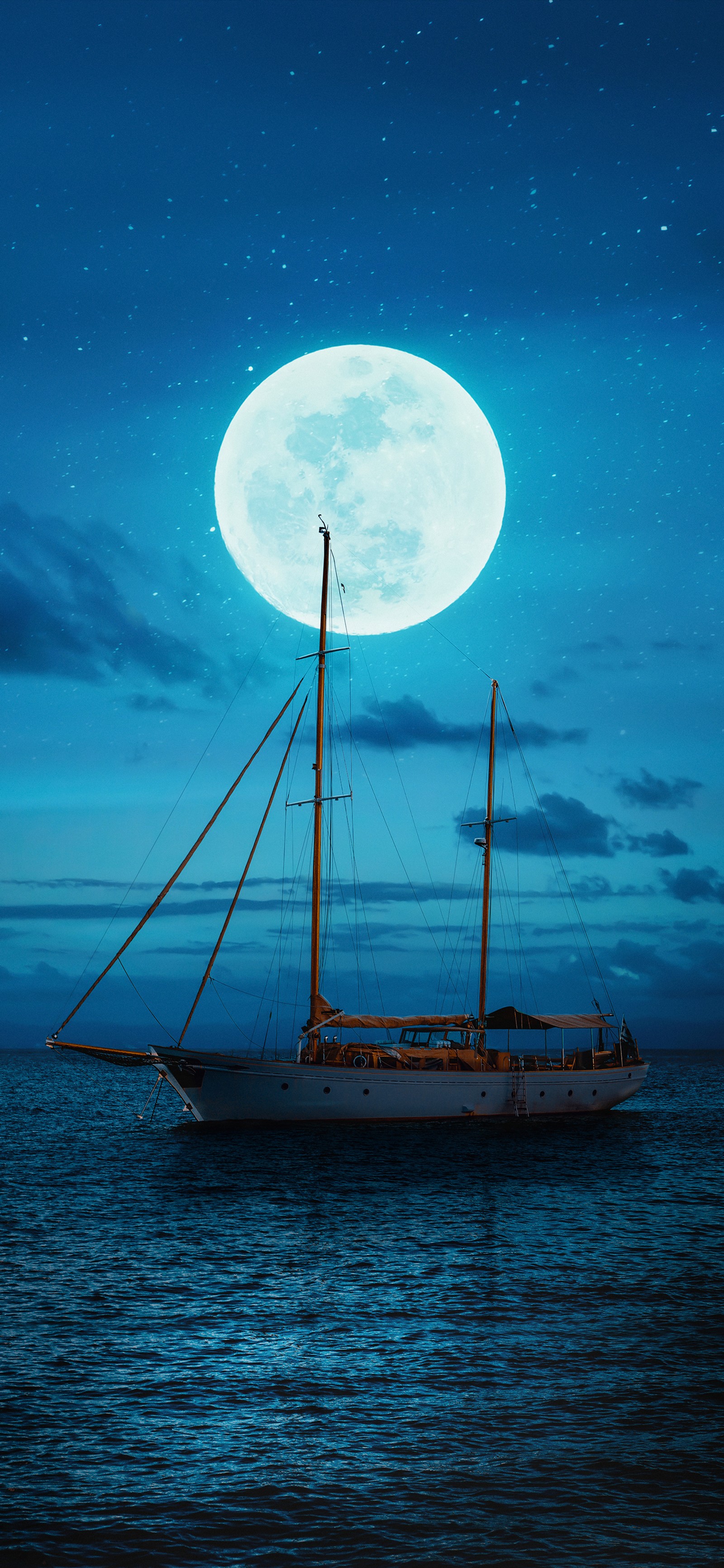 Arafed sailboat in the ocean with a full moon in the sky (nature, water, boat, moon, blue)