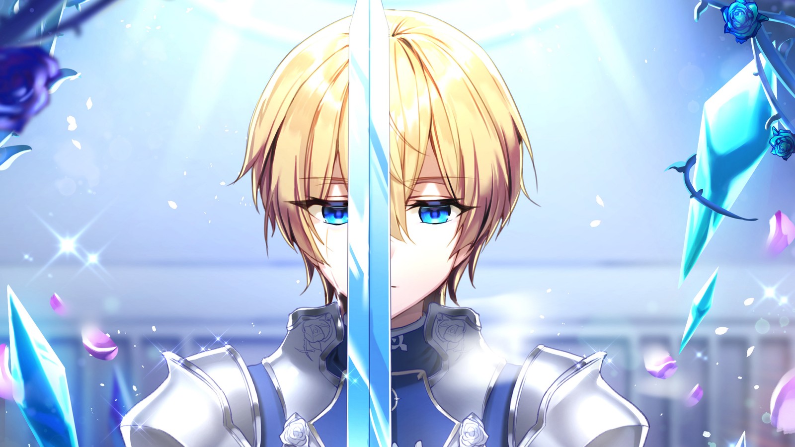 Anime anime girl with sword and armor in a room (eugeo, sao, sword art online alicization, anime)