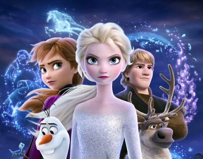 Personnages de Frozen : Elsa, Anna, Kristoff, Olaf et Sven dans une scène magique