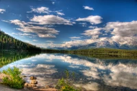 Ruhiger See mit Spiegelung zwischen majestätischen Bergen und Himmel