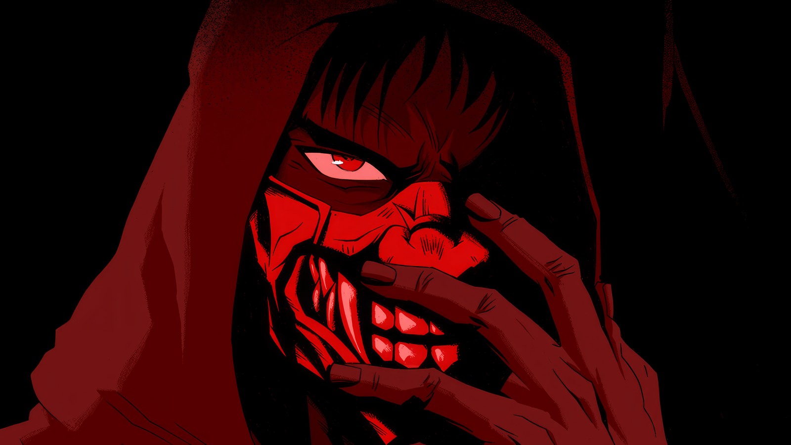 A close up of a person with a hood on and a red face (ninja kamui, anime, oni mask, joe higan)