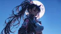 Cyberpunk Anime Girl Under a Full Moon