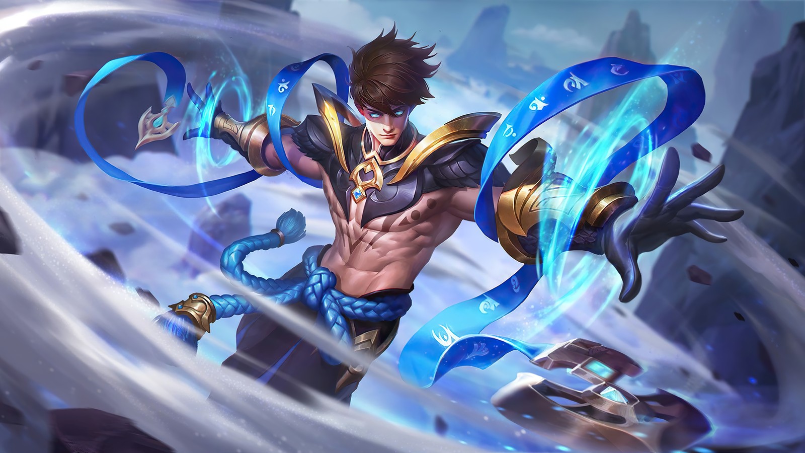 Un homme en tenue bleue et dorée tenant une épée (vallée, cerulean winds, peau, mobile legends, bang bang)