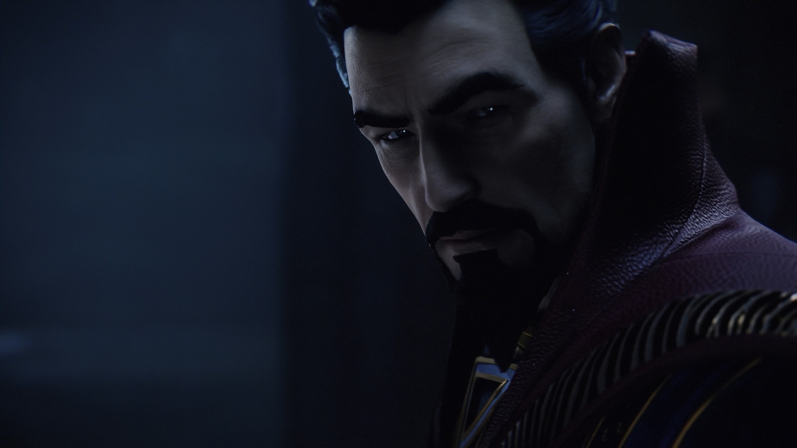 Un primer plano de un hombre con barba y chaqueta roja (doctor strange, marvels midnight sun, marvel, videojuego)