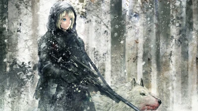 Fille d'anime dans une forêt d'hiver, brandissant un fusil de sniper à côté d'un loup.