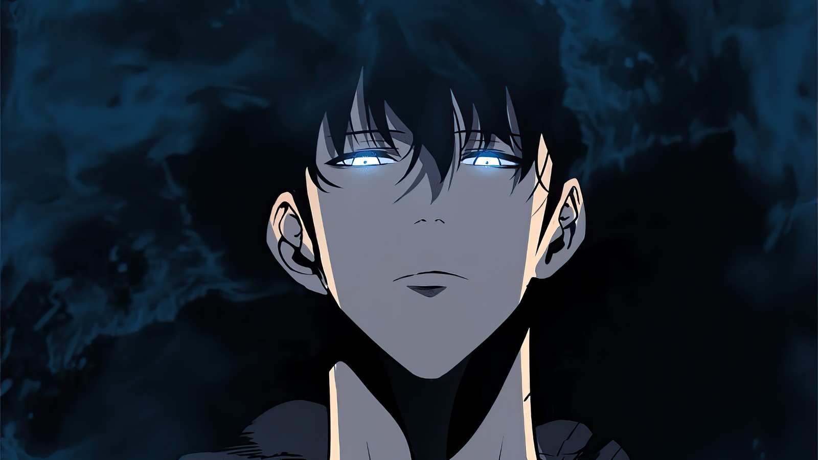 Anime, a man with blue eyes and a black shirt (sung jin woo, solo leveling, manhwa, anime)