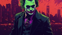 Art vibrant du Joker contre un horizon urbain