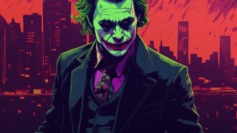 Крупный план человека в костюме и галстуке на фоне города (джокер, joker, комиксы)