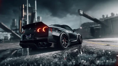 Dynamic Night Scene of a Nissan GT-R with Reflective Wet Pavement