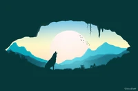 Silhouette d'un loup hurlant contre un paysage montagneux serein au crépuscule, encadré par l'entrée d'une grotte et un soleil levant.