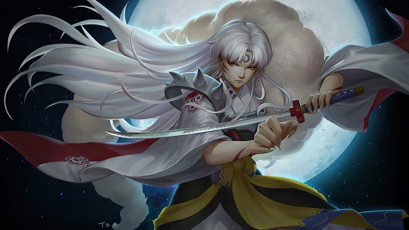 Женщина с мечом и полной луной на заднем плане (сессомару, sesshomaru, аниме, anime, катана)