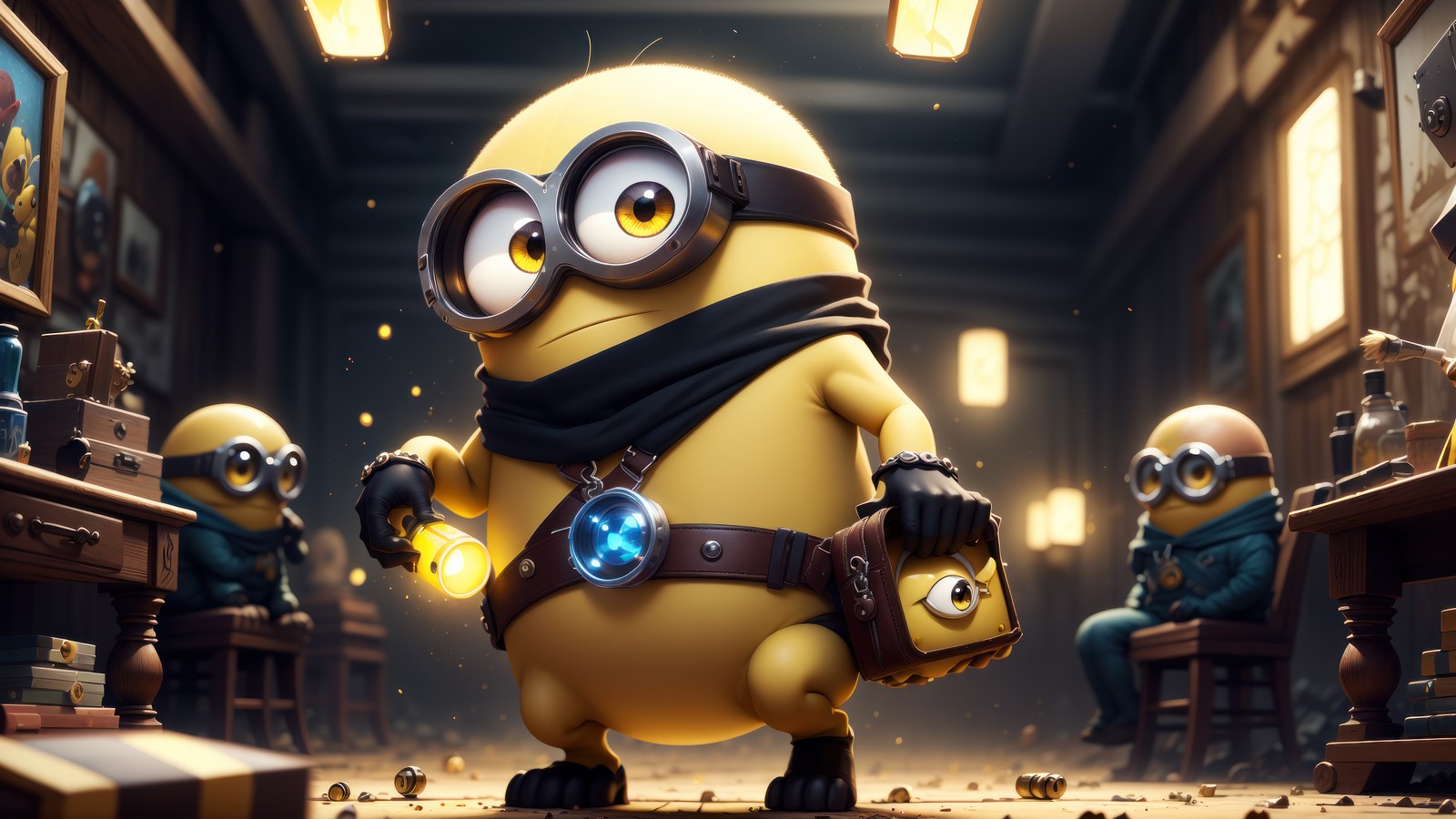 Un minion dans une pièce avec de nombreux autres minions (minion, art numérique)