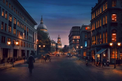 Paysage urbain surréaliste de Londres au coucher du soleil : Une promenade nocturne près des bâtiments historiques