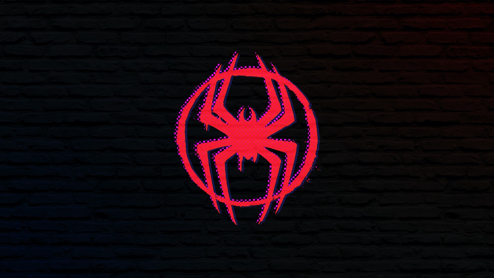 Un logo d'araignée rouge sur un mur de briques noires (miles morales, logo, spider man à travers le spider verse, spider man across the spider verse, arrière plan sombre)