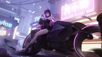 Cyberpunk Anime-Mädchen auf futuristischem Motorrad in neonfarbener Stadtlandschaft