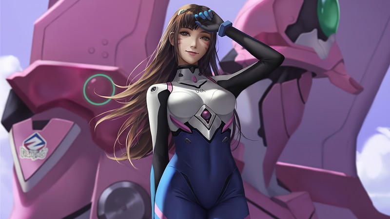 Крупный план женщины в костюме, стоящей рядом с гигантским роботом (dva, overwatch, видеоигра, искусство)