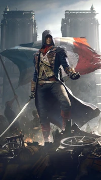 Arno Dorian, o icônico Assassino de "Assassin's Creed Unity", se ergue triunfante com uma bandeira, incorporando o espírito da revolução em meio a um dramático pano de fundo de conflito e caos.