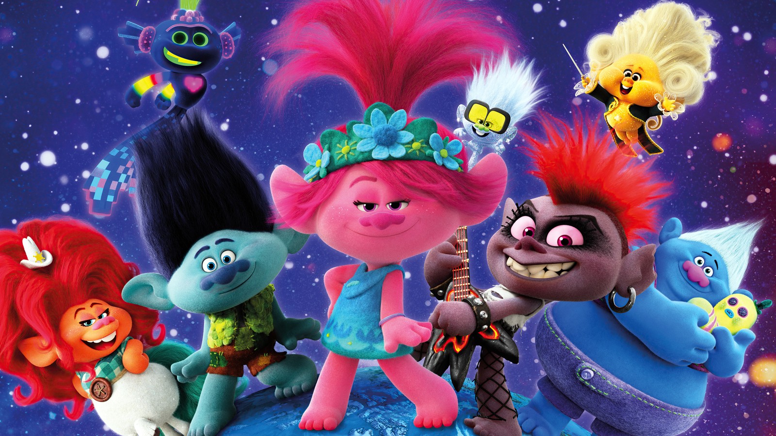 Os trolls e os amigos estão todos sorrindo e posando para uma foto. (trolls turnê mundial, trolls world tour, trolls 2, filme, 2020)