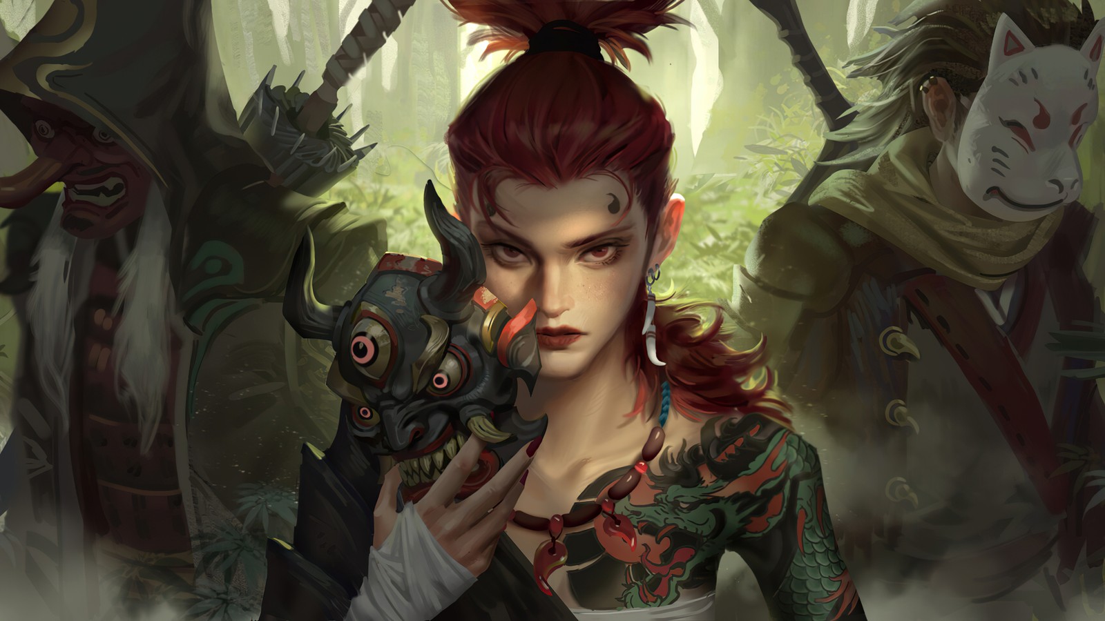 A woman with red hair and tattoos holding a bird in front of a group of other people (ninja, oni mask, tattoo, fantasy, warrior)