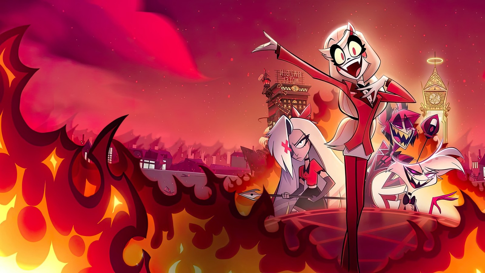 Personagens de desenho animado em uma cidade com fogo e chamas (hazbin hotel, série de anime, anime, papel de parede 4k)