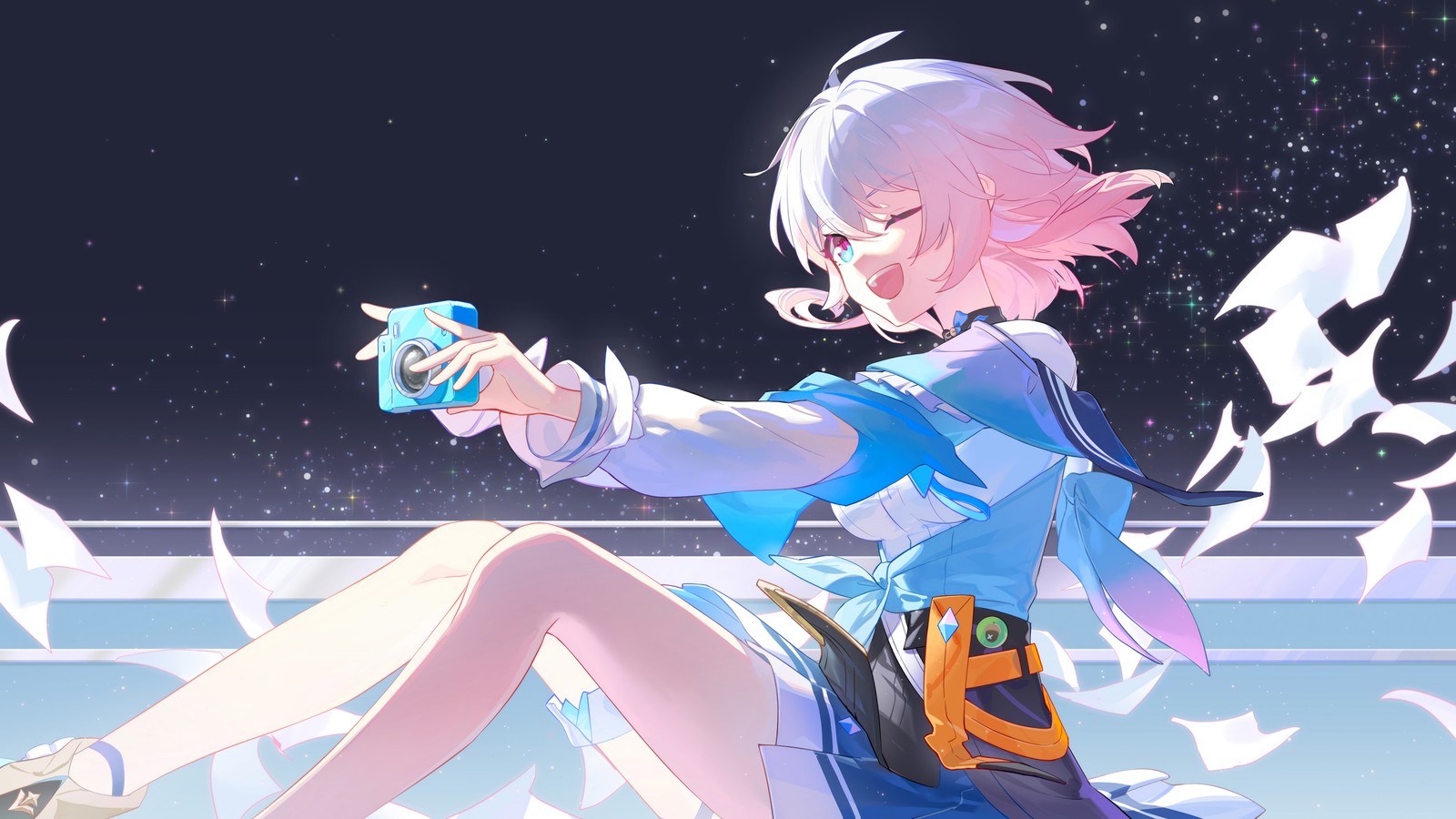 Une fille anime assise par terre tenant un téléphone portable (7 mars, honkai star rail, jeu vidéo)