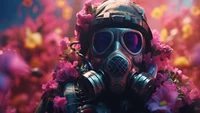 Soldier in Gas Mask Adorned with Flowers