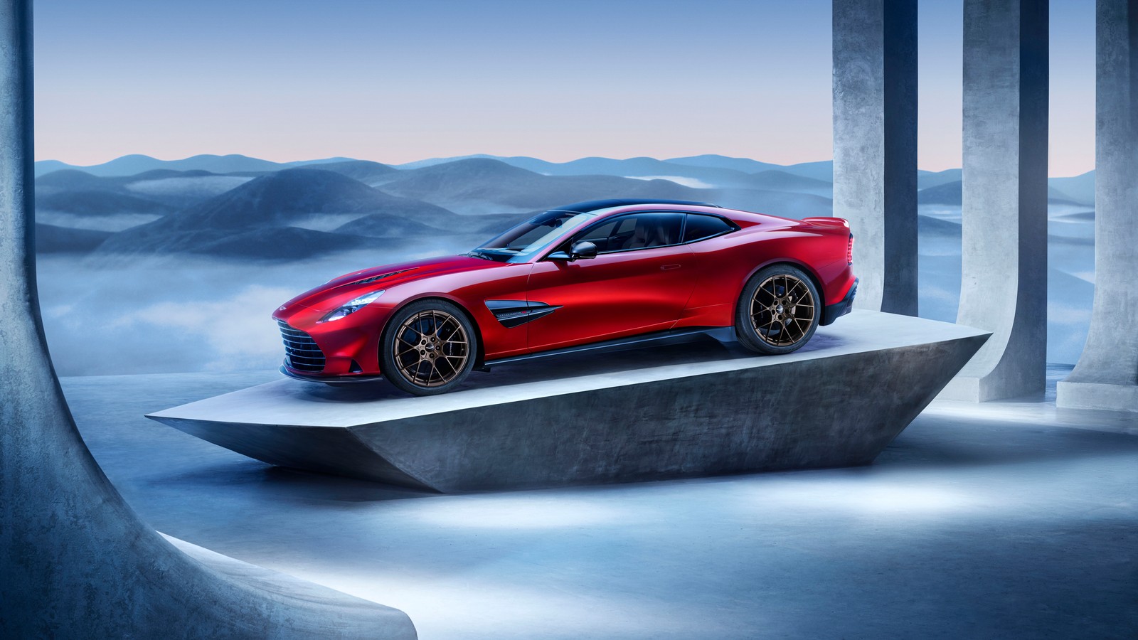 El nuevo aston gt coupé se muestra en un paisaje futurista (aston martin vanquish, estética, 8k, 2024, superautos deportivos)