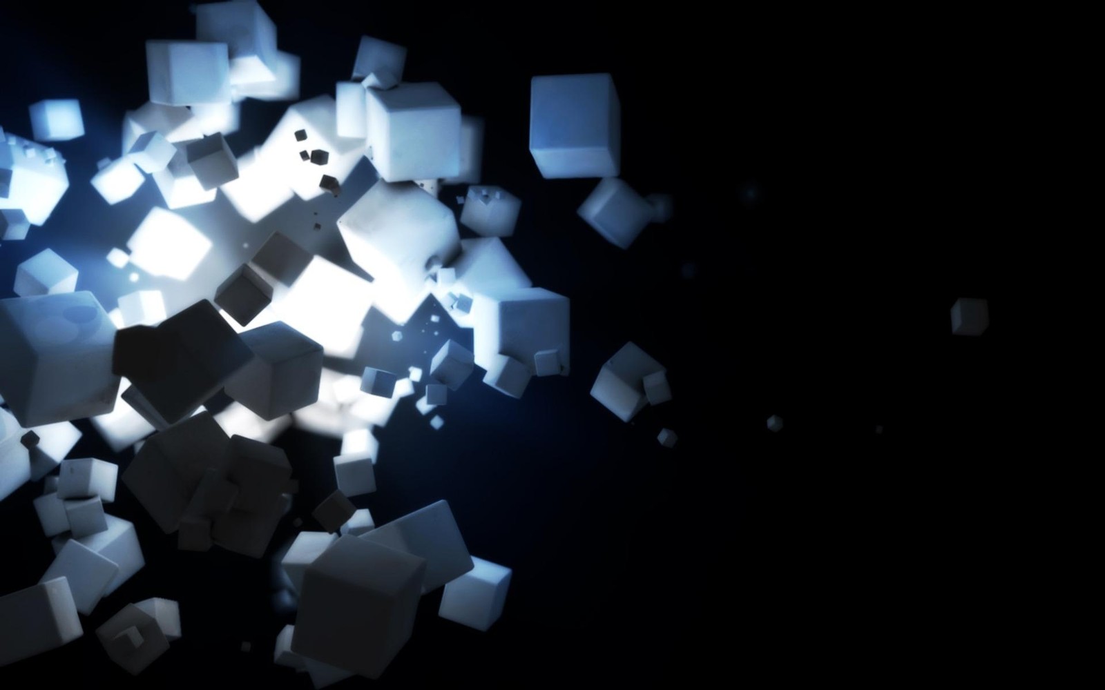 Un gros plan d'un tas de cubes dans l'obscurité (noir, 3d, place, bleu)