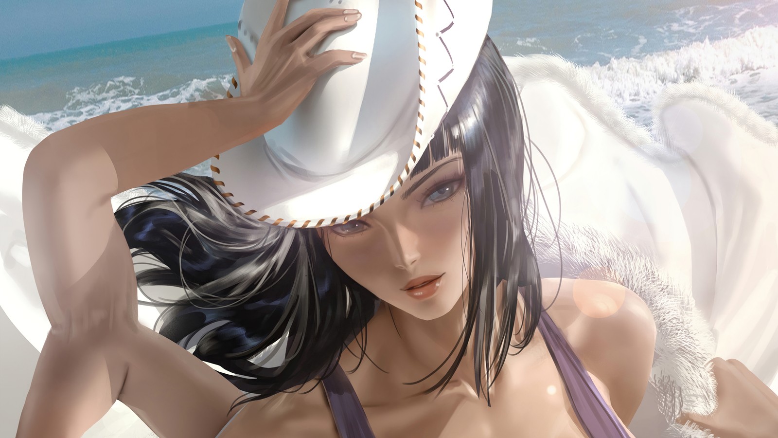 Chica anime con un sombrero de vaquero en la playa (nico robin, one piece, anime, chicas)